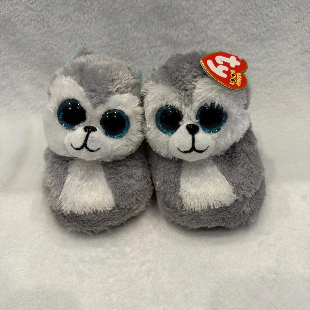 Ty Beanie Boos Slush the Husky Plush Slippers Grey‎ White Blue Eyes Kids Size 10